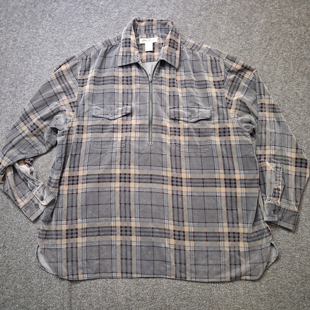 Eddie Bauer Womens XL Velvet Velour Plaid Quarter Zip Pullover Shirt Grey Tan
